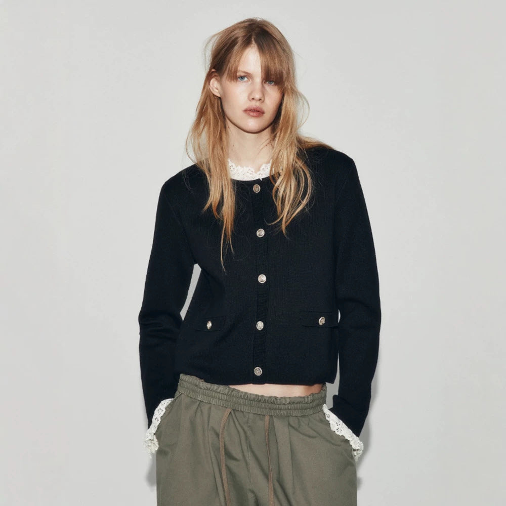 Women's Short Cut Fine Knit Cardigan with Round Neck, Decorative Buttons and Flap Pockets Amarae
