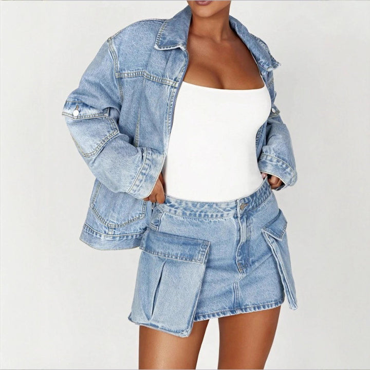Women's Oversize Utility Denim Jacket with Large Flap Pockets and Zipper Amarae
