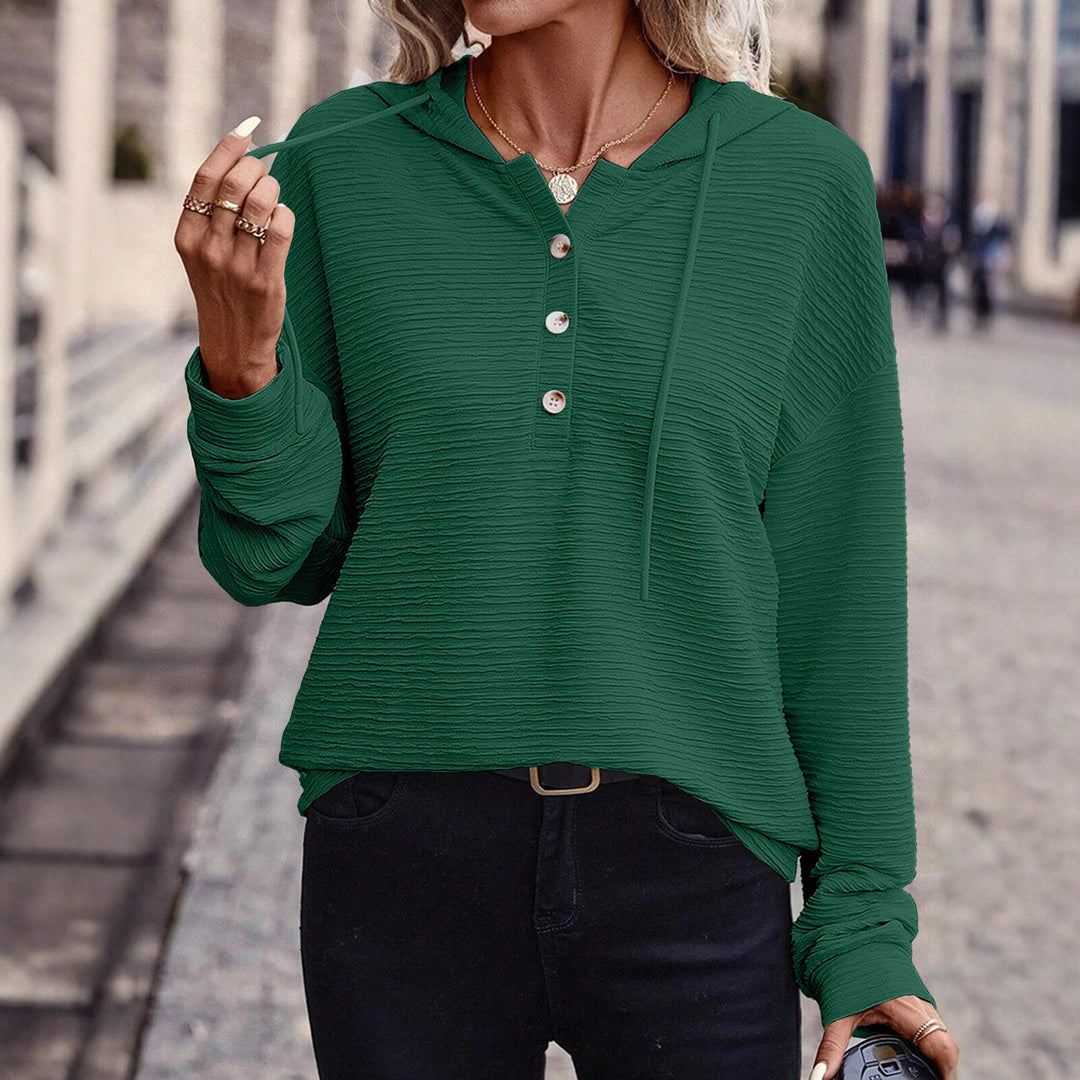 Women's textured fabric hoodie with stylish button details Lune London