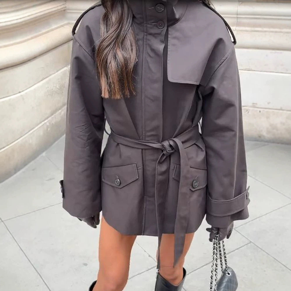 Women's Short Tailored Trench Jacket with Stand-Up Collar, Flap Pockets and Tie Belt Amarae
