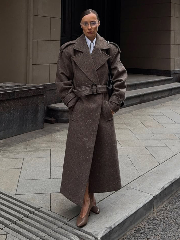 Women's Maxi-Length Wool Cocoon Coat with Emphasized Shoulder Section and Waist Belt Amarae