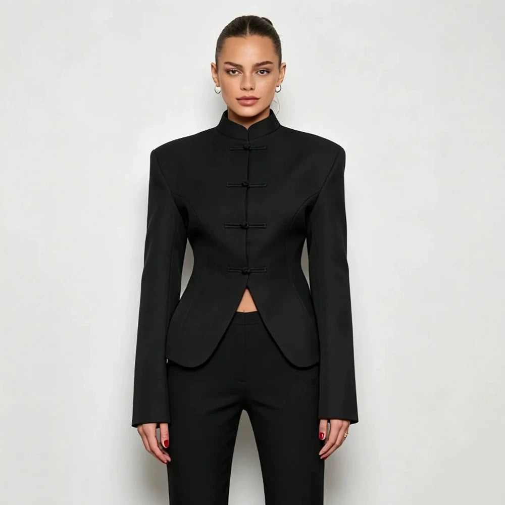 Women's Sculpted Blazer with Stand Collar, Decorative Knot Closures and Tailored Silhouette Amarae
