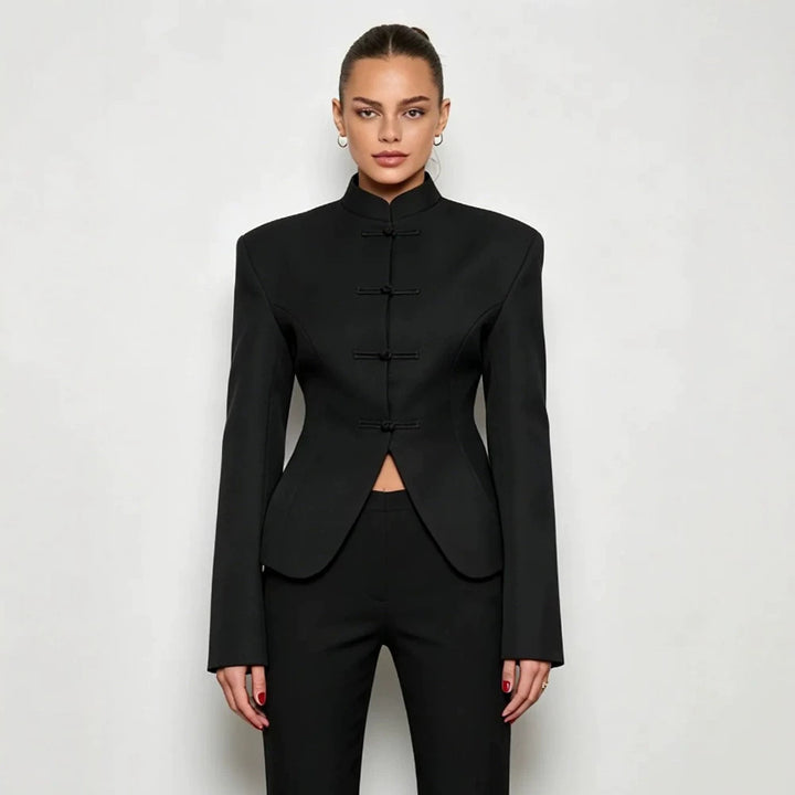 Women's Sculpted Blazer with Stand Collar, Decorative Knot Closures and Tailored Silhouette Amarae
