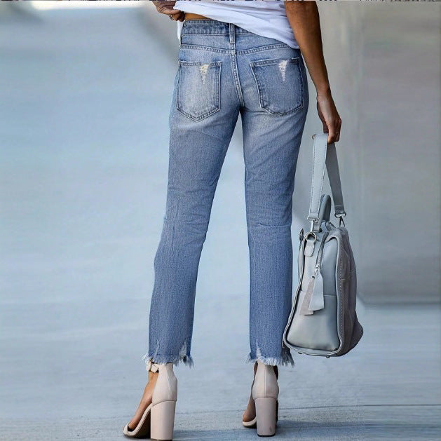 Ladies Casual Cropped Jeans with Distressed Destroy Design, High Waist and Asymmetrical Fringed Hem Amarae