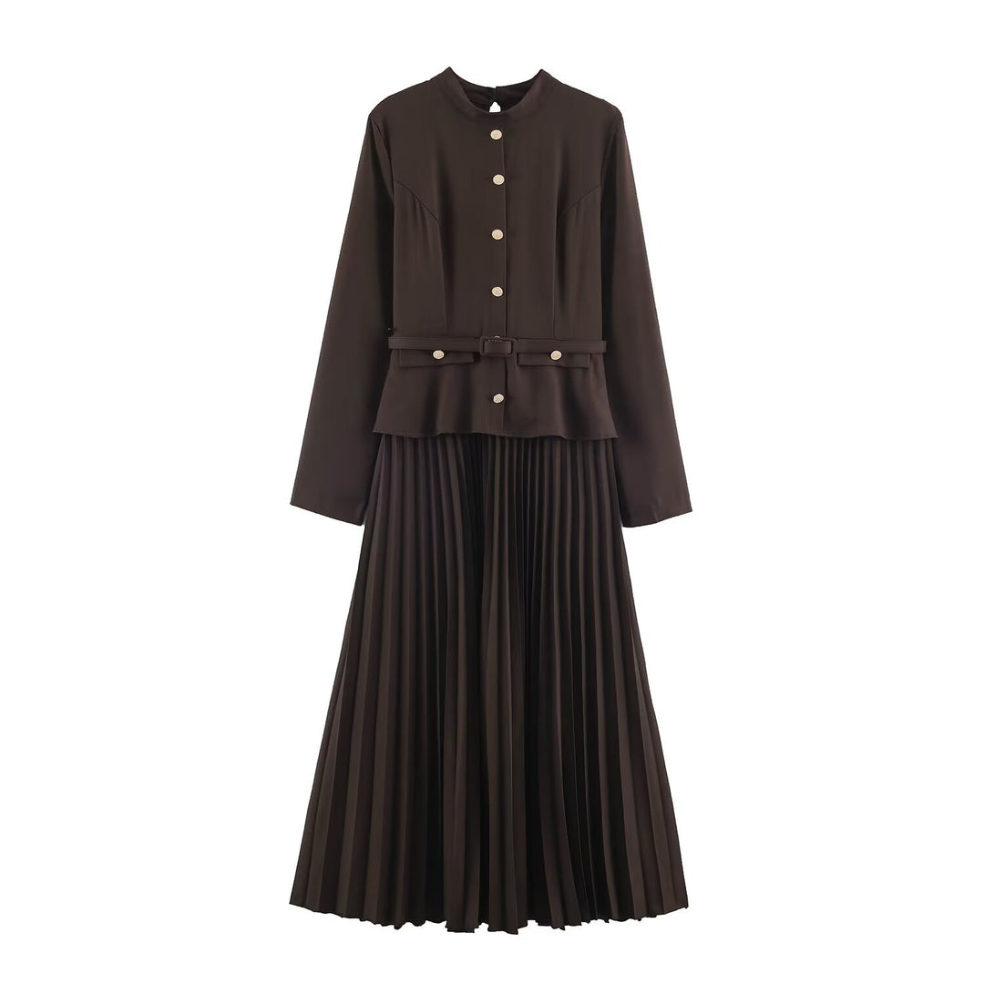 Ladies Two-Piece Midi Dress Set with Narrow Waistband, Concealed Button Placket and Pleated Skirt Amarae