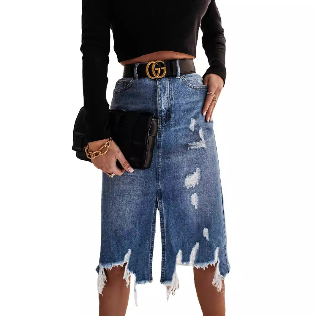 Casual denim skirt for women with asymmetrical hem and distressed details Chic & Stil