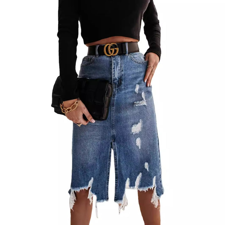 Casual denim skirt for women with asymmetrical hem and distressed details Chic & Stil