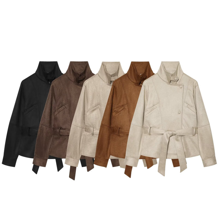 Women's tailored short jacket made of soft suede imitation with asymmetrical button placket and tie belt Amarae