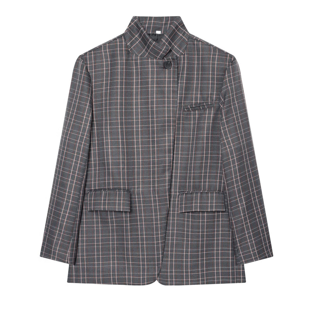 Women Checked Long Blazer with Stand Collar, Concealed Button Placket and Flap Pockets Amarae