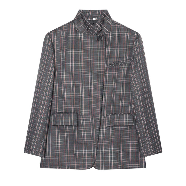 Women Checked Long Blazer with Stand Collar, Concealed Button Placket and Flap Pockets Amarae