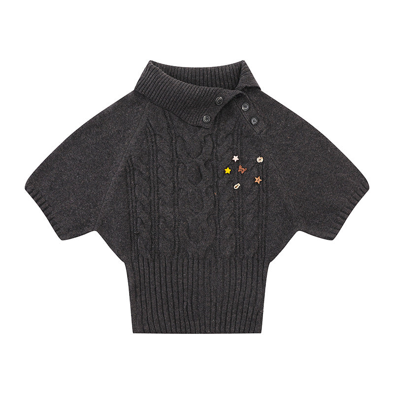 Women's Short-Sleeved Cable Knit Sweater Top with Stand Collar and Button Placket Amarae