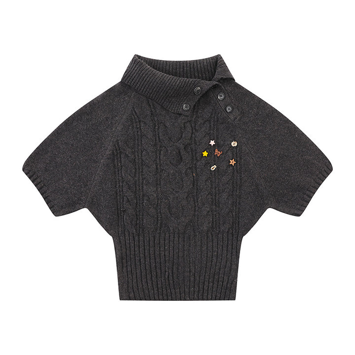 Women's Short-Sleeved Cable Knit Sweater Top with Stand Collar and Button Placket Amarae