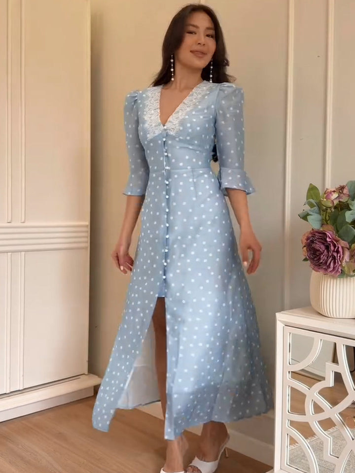 Women's maxi dress with lace V-neck, full button placket and puff sleeves Amarae