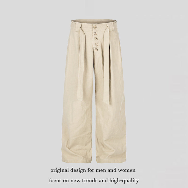 Women's High-Cut Linen Wide-Leg Trousers with Button Placket, Ties and Pleats
