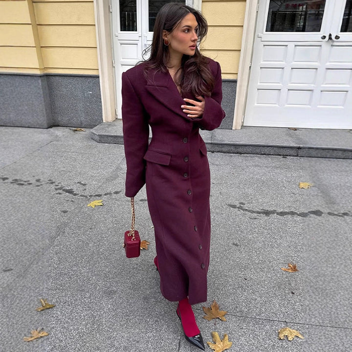 Women's Maxilength Wool Blend Coat with Tailored Cut and Button Placket Amarae