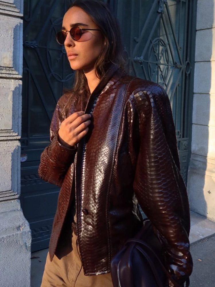Women's Shiny Snake Pattern Leather Bomber Jacket Amarae