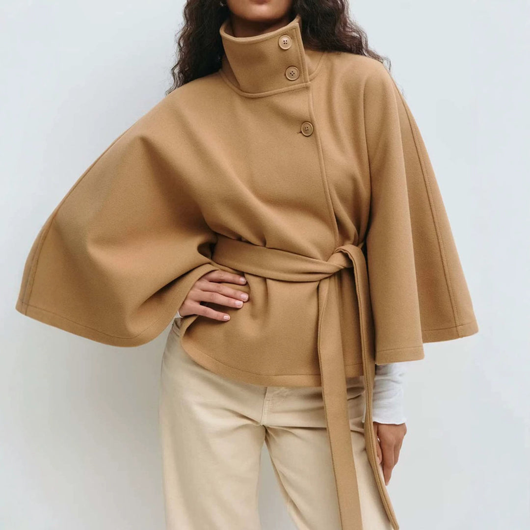 Women's Short Cape Coat with Stand-Up Collar, Oversized Sleeves and Tie Belt Amarae