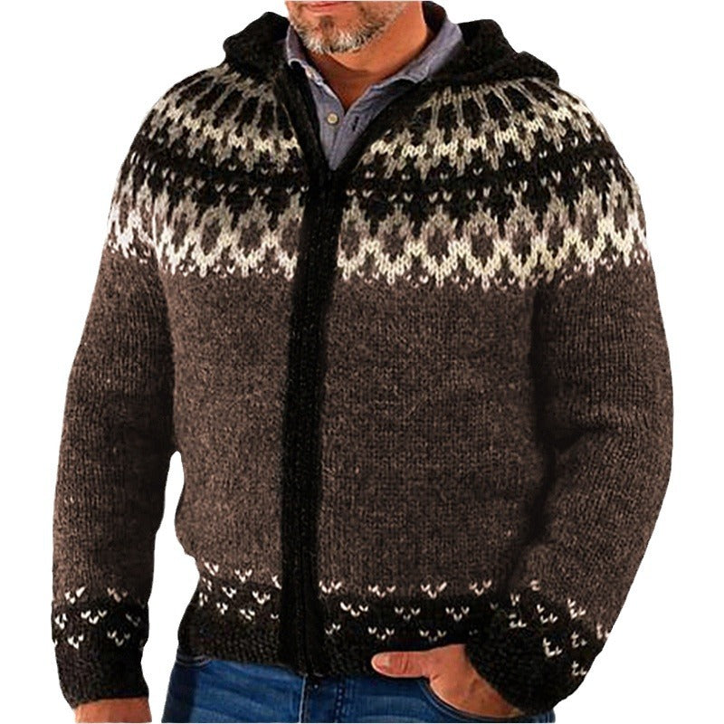 Men's knitted jacket with traditional Norwegian pattern and hood Lune London