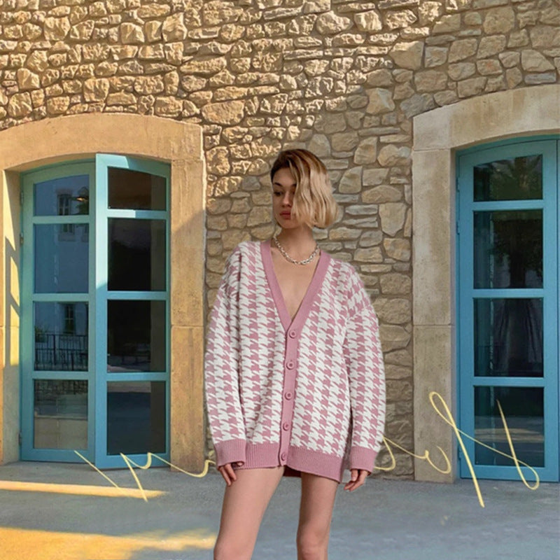 Women's chunky knit cardigan with modern check pattern and large buttons Chic and style