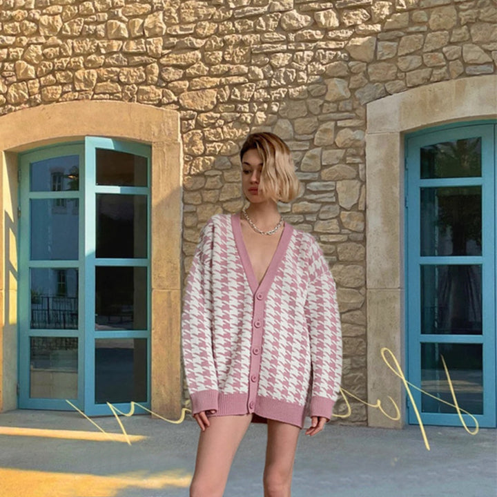 Women's chunky knit cardigan with modern check pattern and large buttons Chic and style