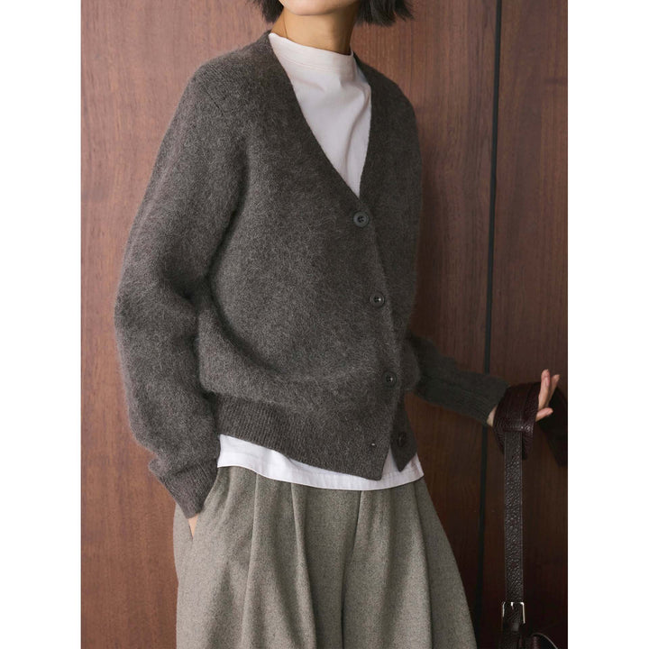 Women's Cozy Mohair-Look Button Cardigan with V-Neck and Short Hem Amarae