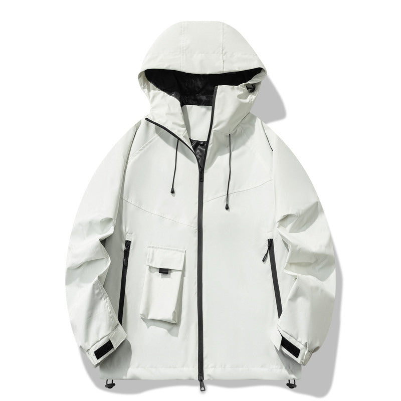 Outdoor technical jacket for men with water-repellent material and adjustable hood design Lune London