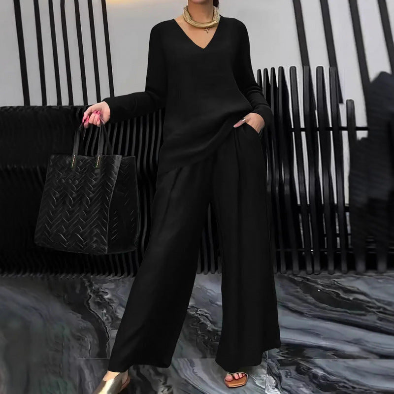 Women's Fine V-Neck Knit Sweater with Flowing Palazzo Pants Amarae