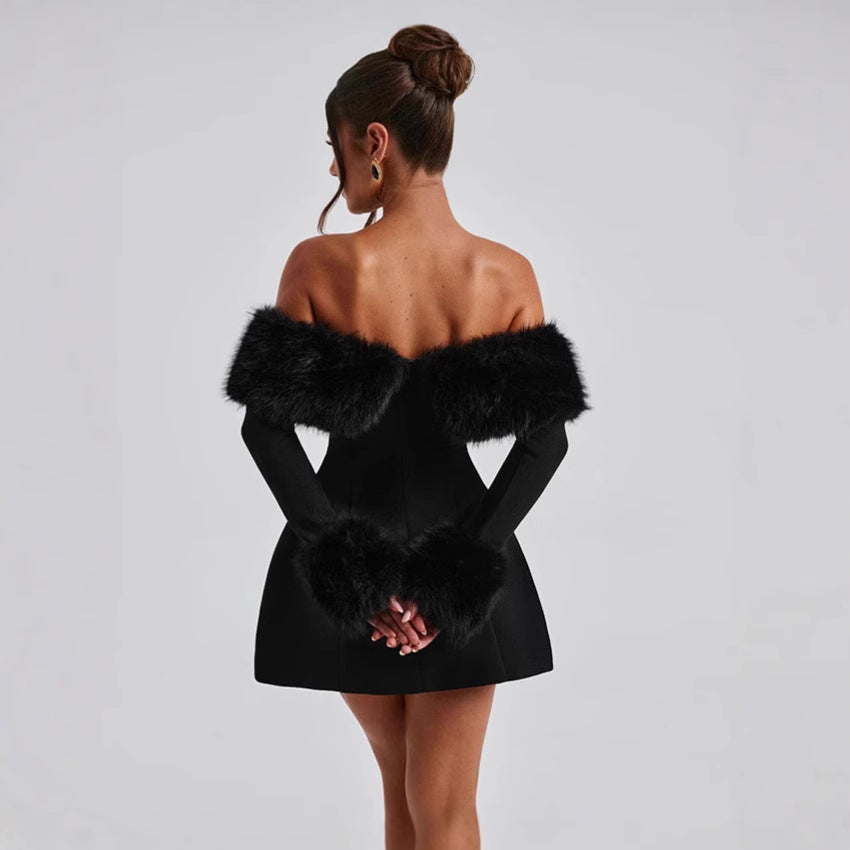 Off-the-shoulder cocktail dress for women with elegant felt borders Lune London