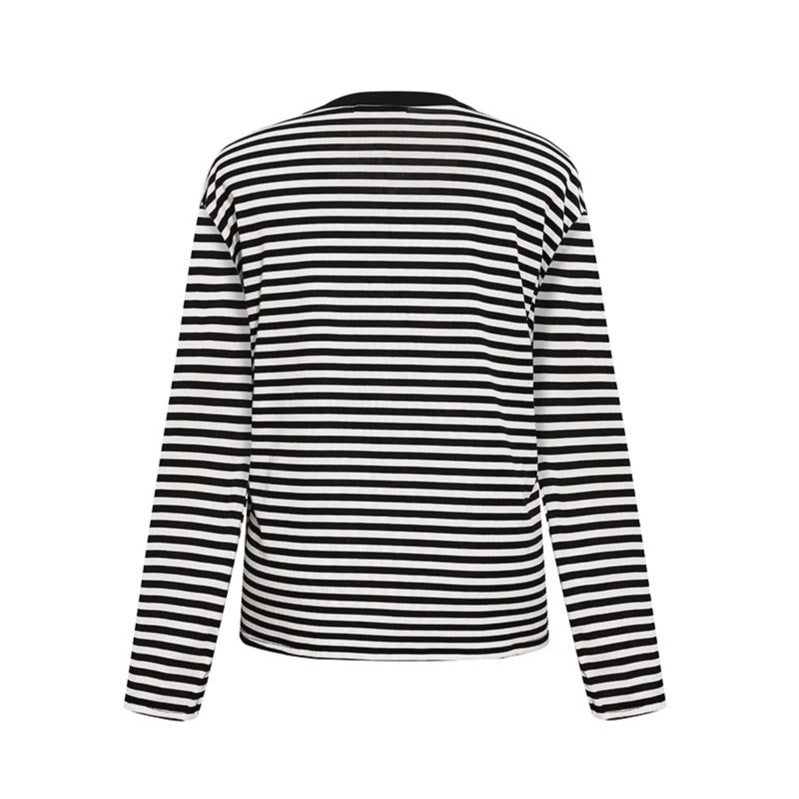 Women's Striped Long Sleeve Henley Shirt with Button Placket and Graphic Patches Amarae