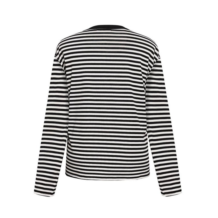 Women's Striped Long Sleeve Henley Shirt with Button Placket and Graphic Patches Amarae