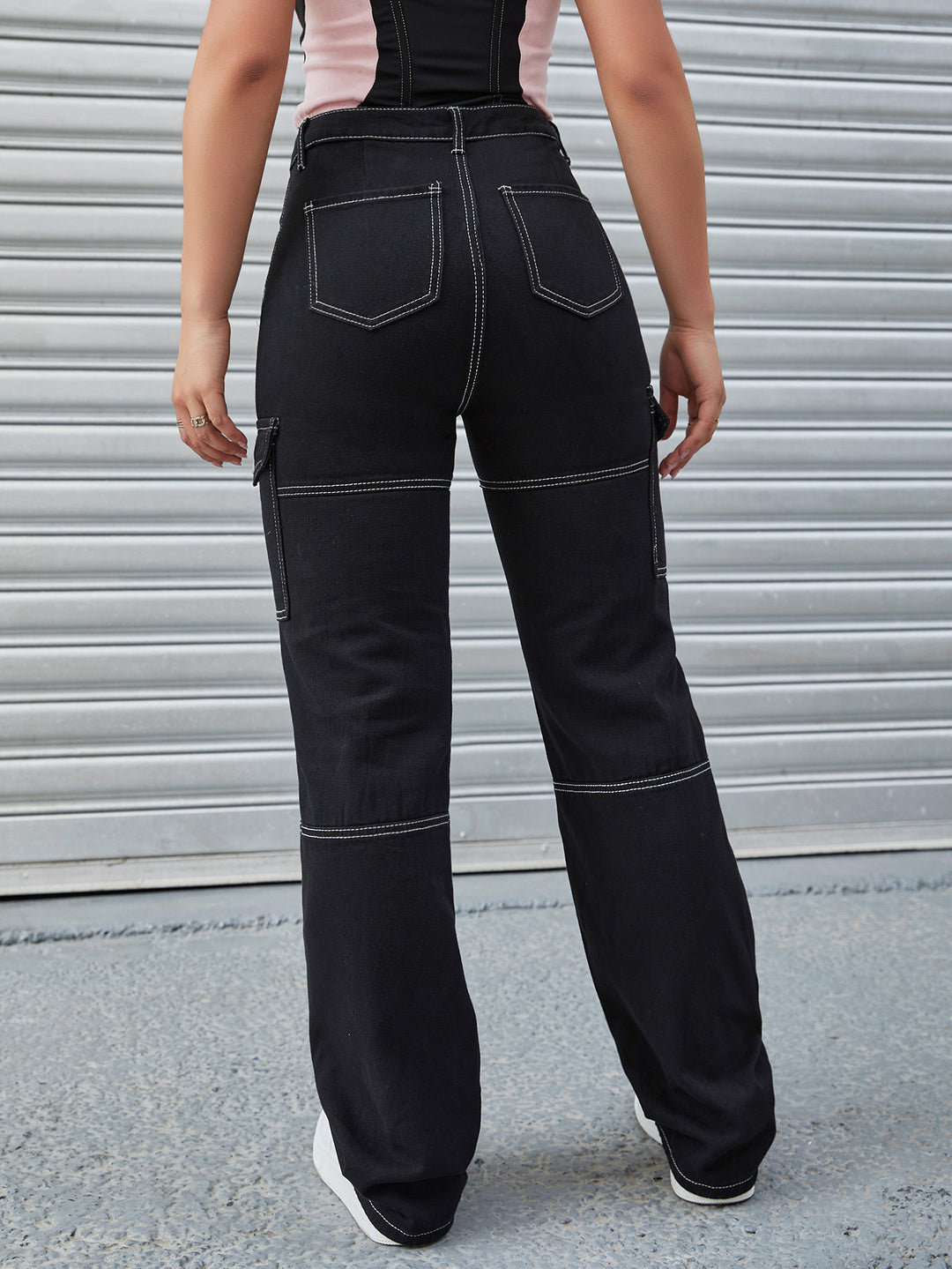 Women's High-Waisted Cargo Pants with Contrast Stitching and Straight Leg Amarae