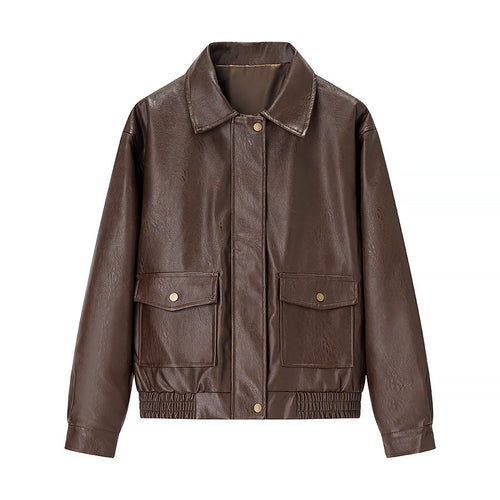 Casual faux leather jacket for women with practical flap pockets and a stylish collar Amarae