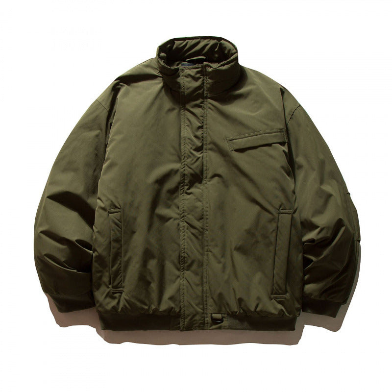 Unisex Boxy-padded transition jacket with high stand-up collar and utility pockets Amarae