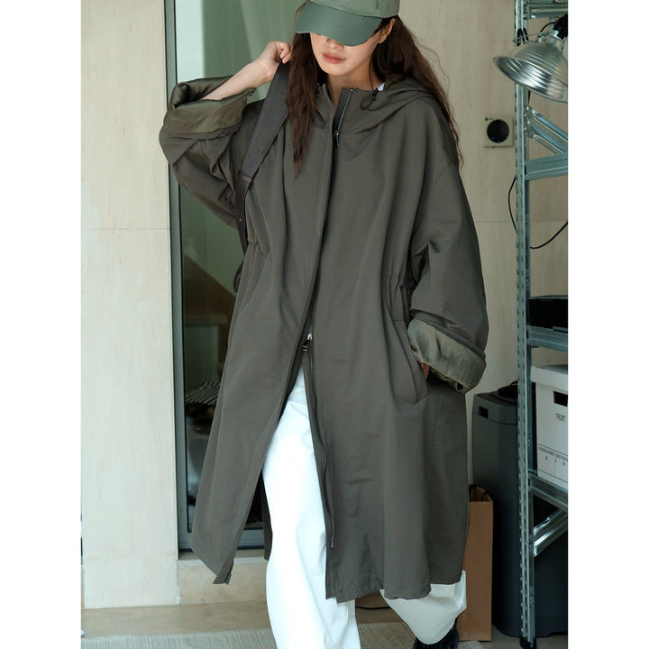 Women Long Oversize Coat with Hood, Concealed Zip and Contrast Cuffs Amarae