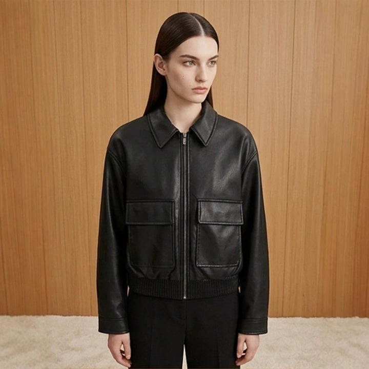 Women's short jacket made of faux leather in bomber style with ribbed hem and patch pockets Amarae