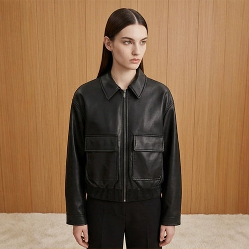 Women's short jacket made of faux leather in bomber style with ribbed hem and patch pockets Amarae