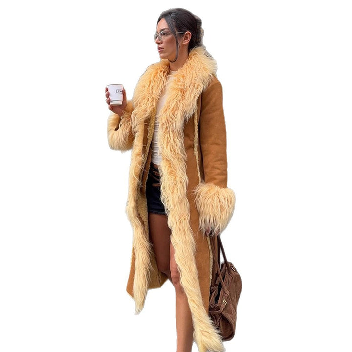 Women Long Shearling Imitation Coat with Voluminous Shawl Collar and Plush Cuffs Amarae