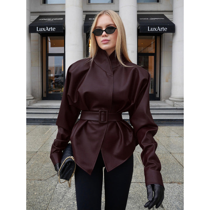 Women's leather look jacket with fitted belt and high stand-up collar Amarae