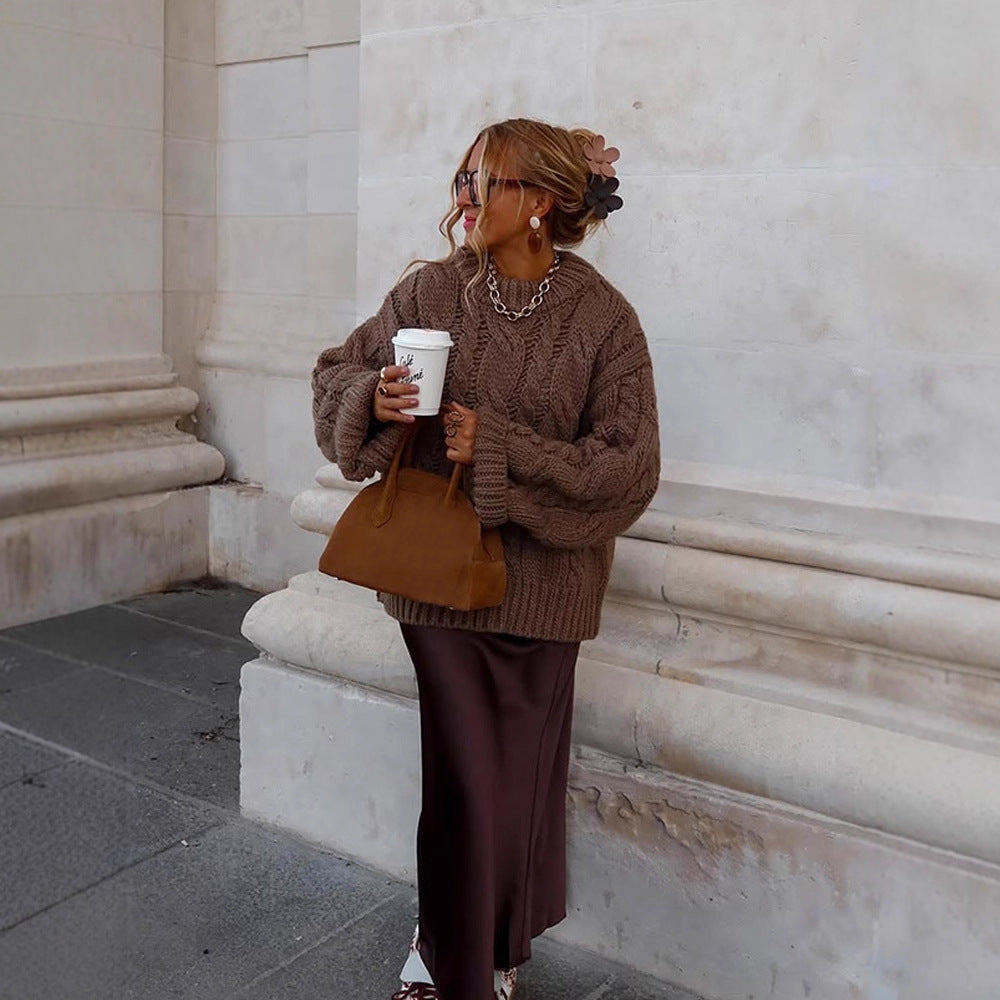Women's Oversize Chunky Knit Sweater with Cable Knit, High Collar and Extended Sleeves Amarae
