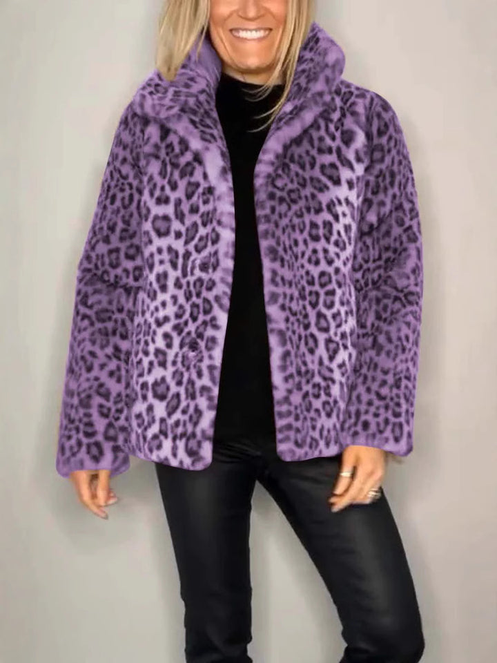 Ladies Leopard Print Faux Fur Jacket with High Collar Lune London