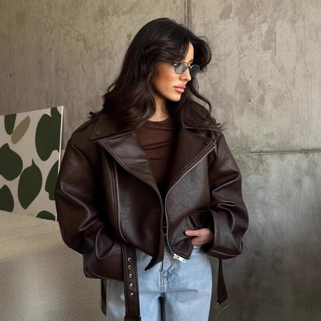 Ladies oversized leather jacket with waist belt Lune London