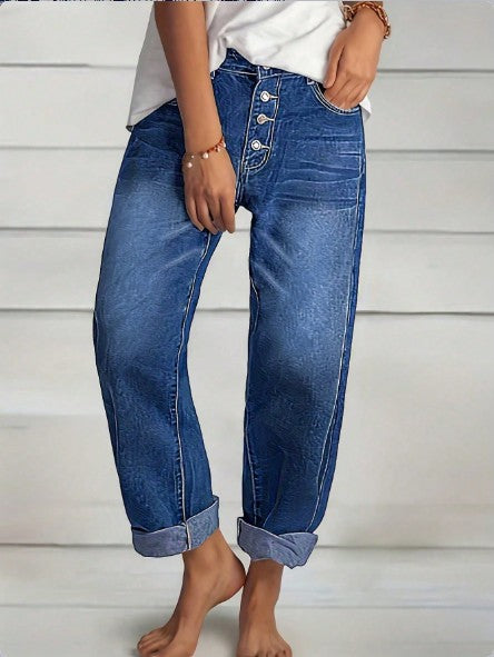 Ladies High-Waist Relaxed-Fit Jeans in Boyfriend Style with Visible Button Placket and Rolled Hem Amarae