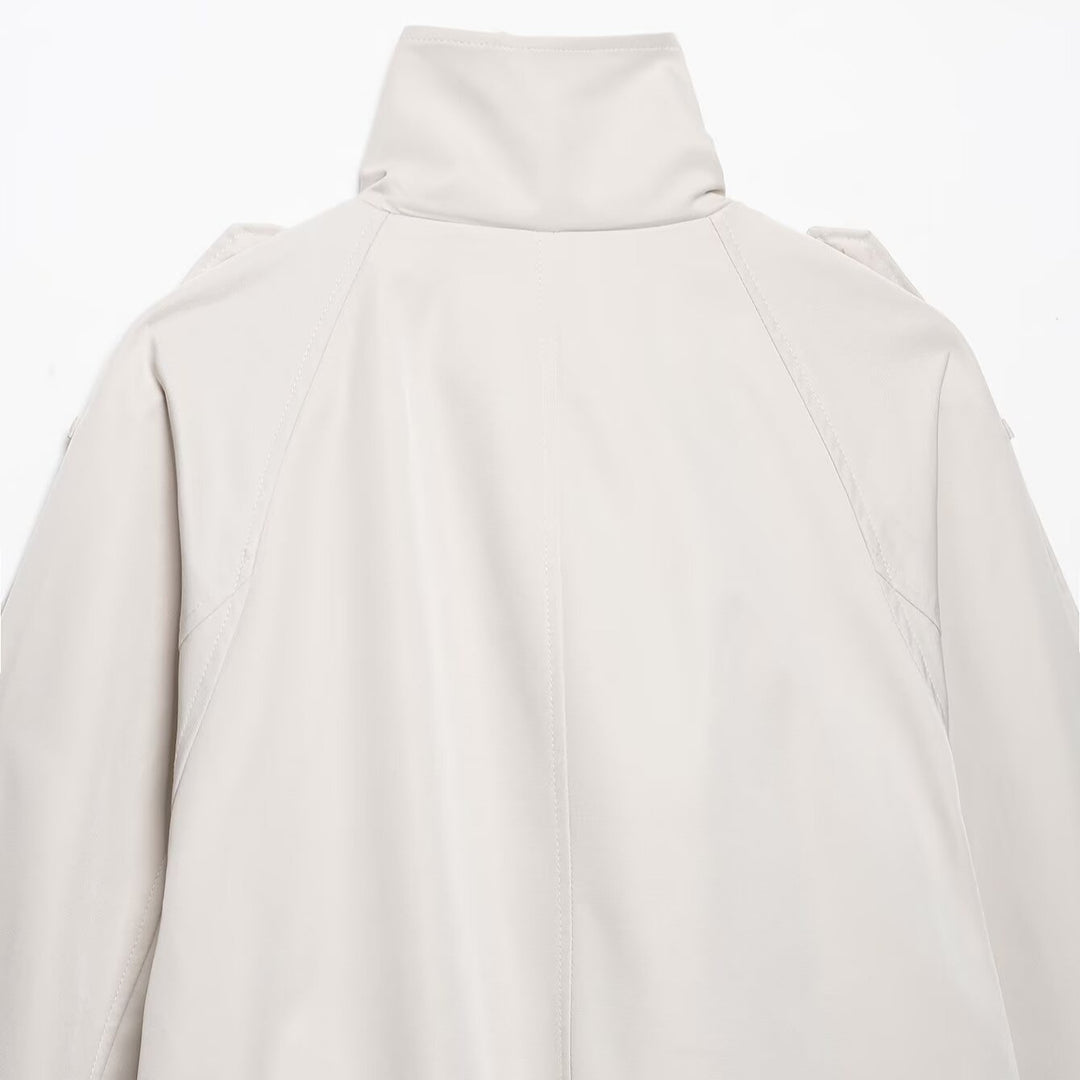 Women Short Cut Cape Trench with High Funnel Collar and Double-Breasted Button Placket Amarae