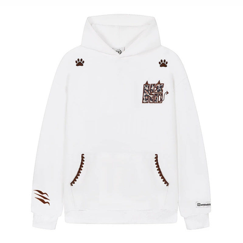 Women's Oversize Hooded Sweater with Kangaroo Pocket, Animal Patch and Decorative Embroidery Amarae