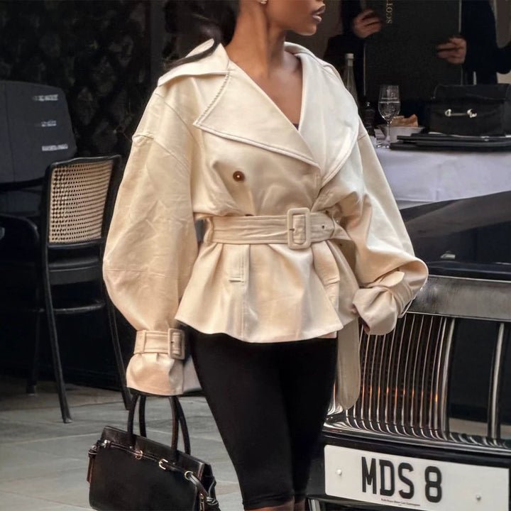 Ladies short trench coat with tailored belt, wide lapels and boxy silhouette Amarae