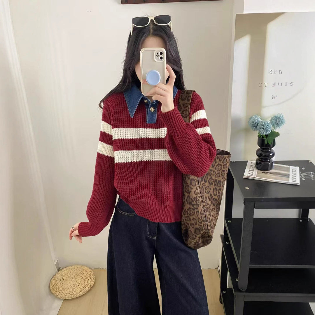 Pull en tricot décontracté pour femmes avec col et design rayé Chic & Stil