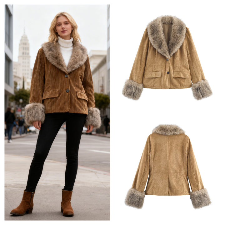 Veste en faux cuir pour femmes avec un élégant col en fausse fourrure Chic & Stil