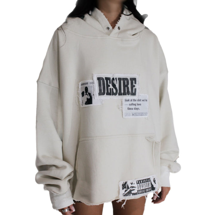 Ladies trendy oversized hoodie with graphic print and distressed details Lune London