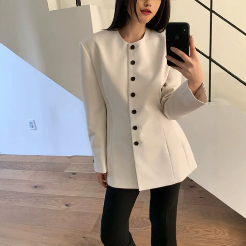 Women's Tailored Blazer with Sculptural Shoulder, Round Neckline and Contrast Button Placket Amarae