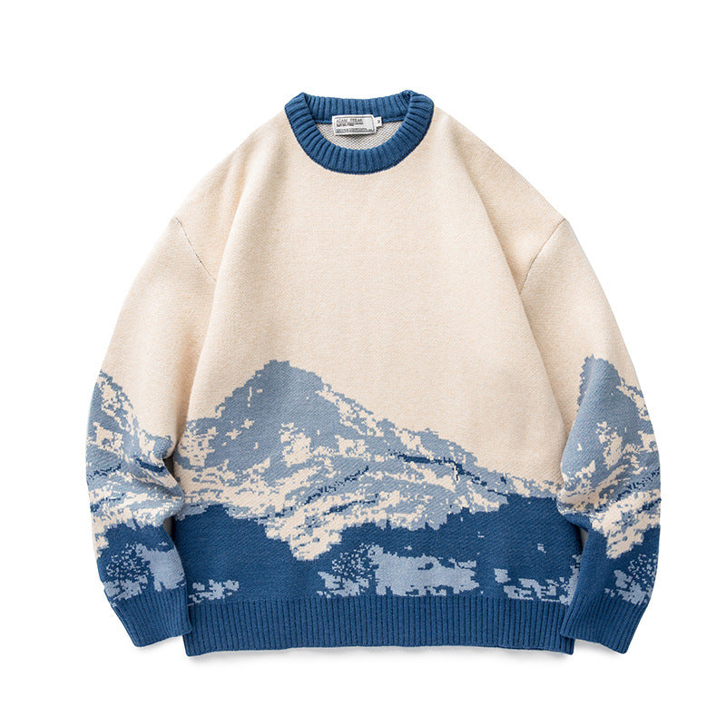 Unisex Oversized knit sweater with mountain jacquard and ribbed round neckline Amarae